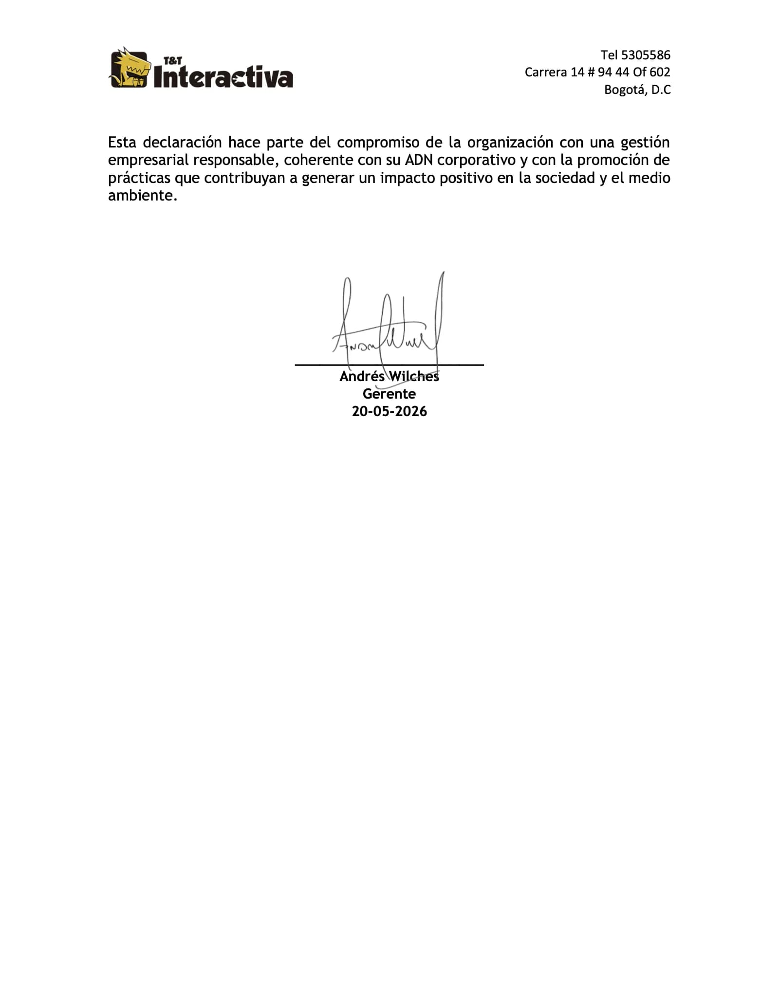 Segunda página de la declaración sobre no interacción con animales.