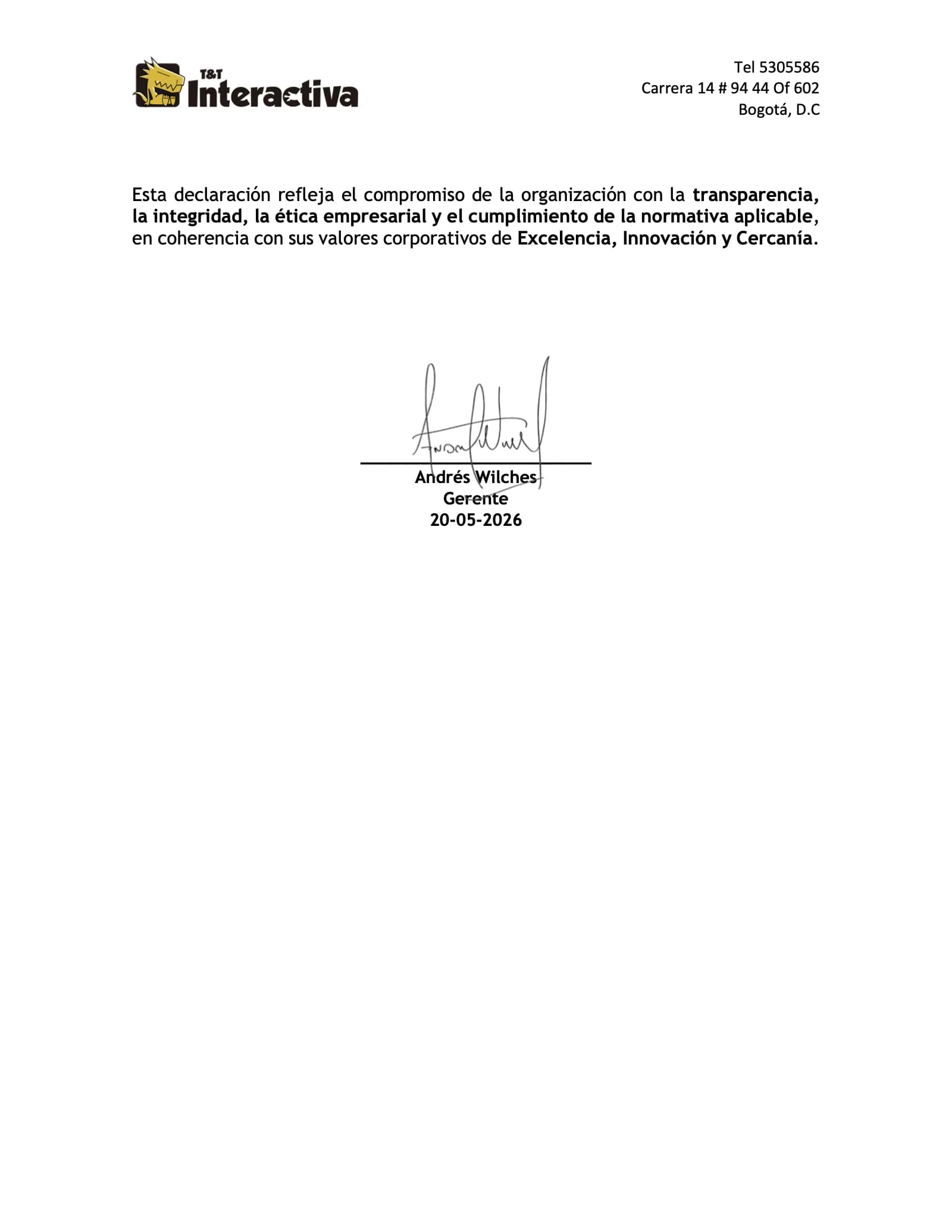Segunda página de la declaración sobre no realización de actividades de cabildeo.