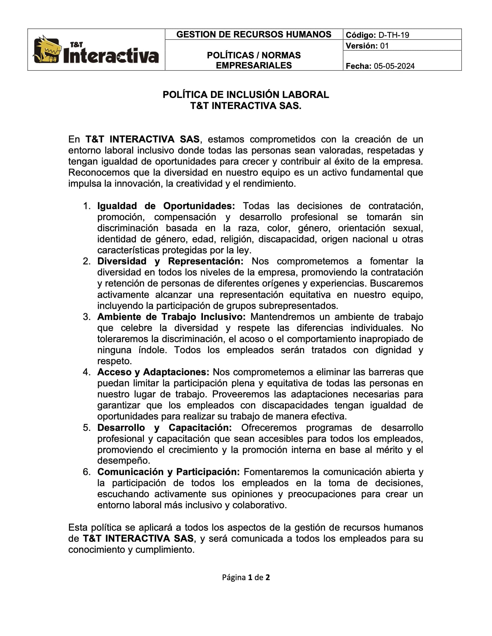 Primera página de la política de inclusión laboral: igualdad de oportunidades, diversidad, ambiente de trabajo, acceso, desarrollo y comunicación.
