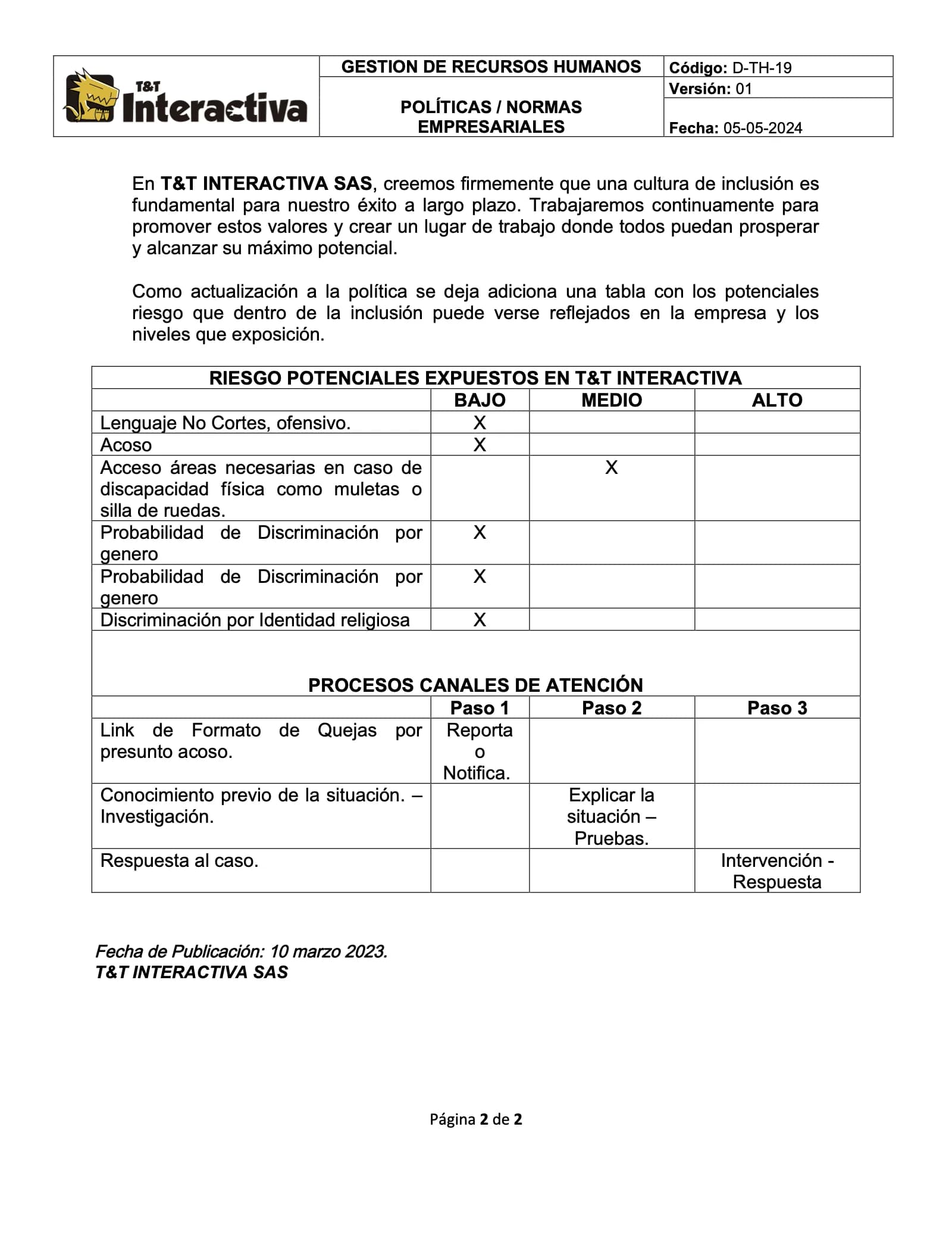 Segunda página de la política de inclusión laboral: riesgos potenciales y el canal de atención de quejas.