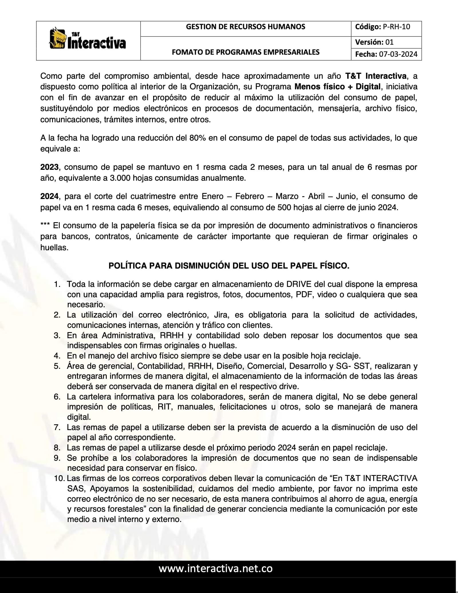 Segunda página del programa Menos físico + digital: consumo de papel en 2023 y 2024, y la política de disminución.