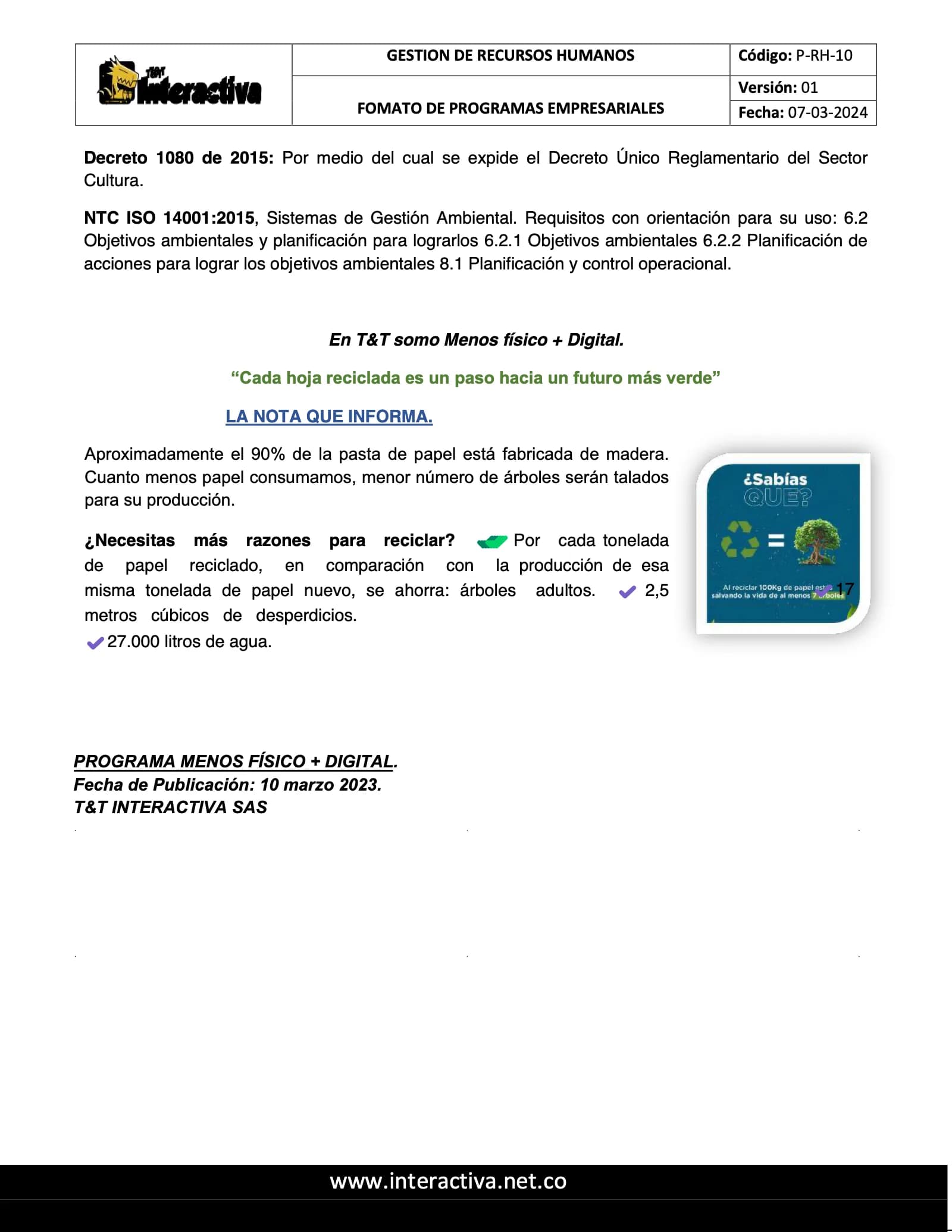 Cuarta página del programa Menos físico + digital: cierre, nota sobre reciclaje y fecha de publicación.