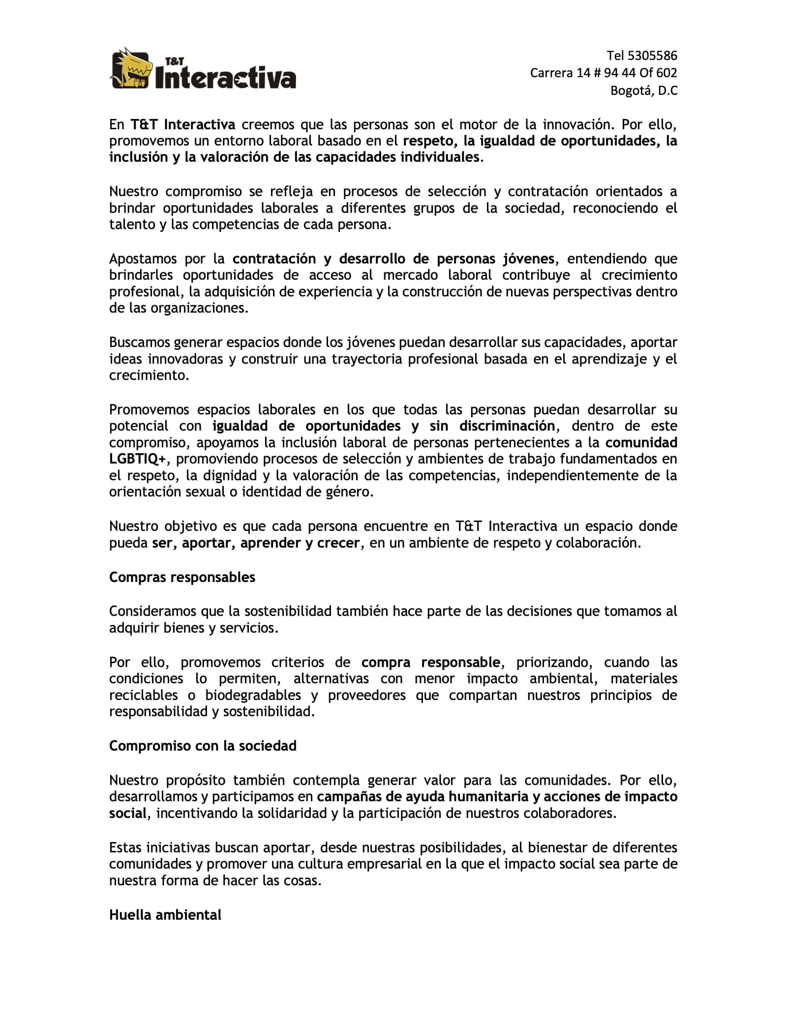 Segunda página de la declaración de propósito de T&T Interactiva.